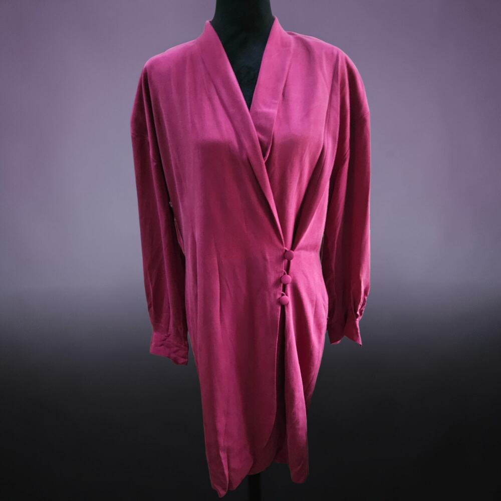 Vintage Papell Too 100% Silk Magenta Pink Wrap Fuchsia Long Sleeve Dress Size 14